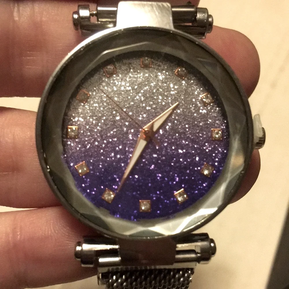 Quartz Glitter Purple/ Army Green Case Cover W/ Grey Straps Waterproof Watch